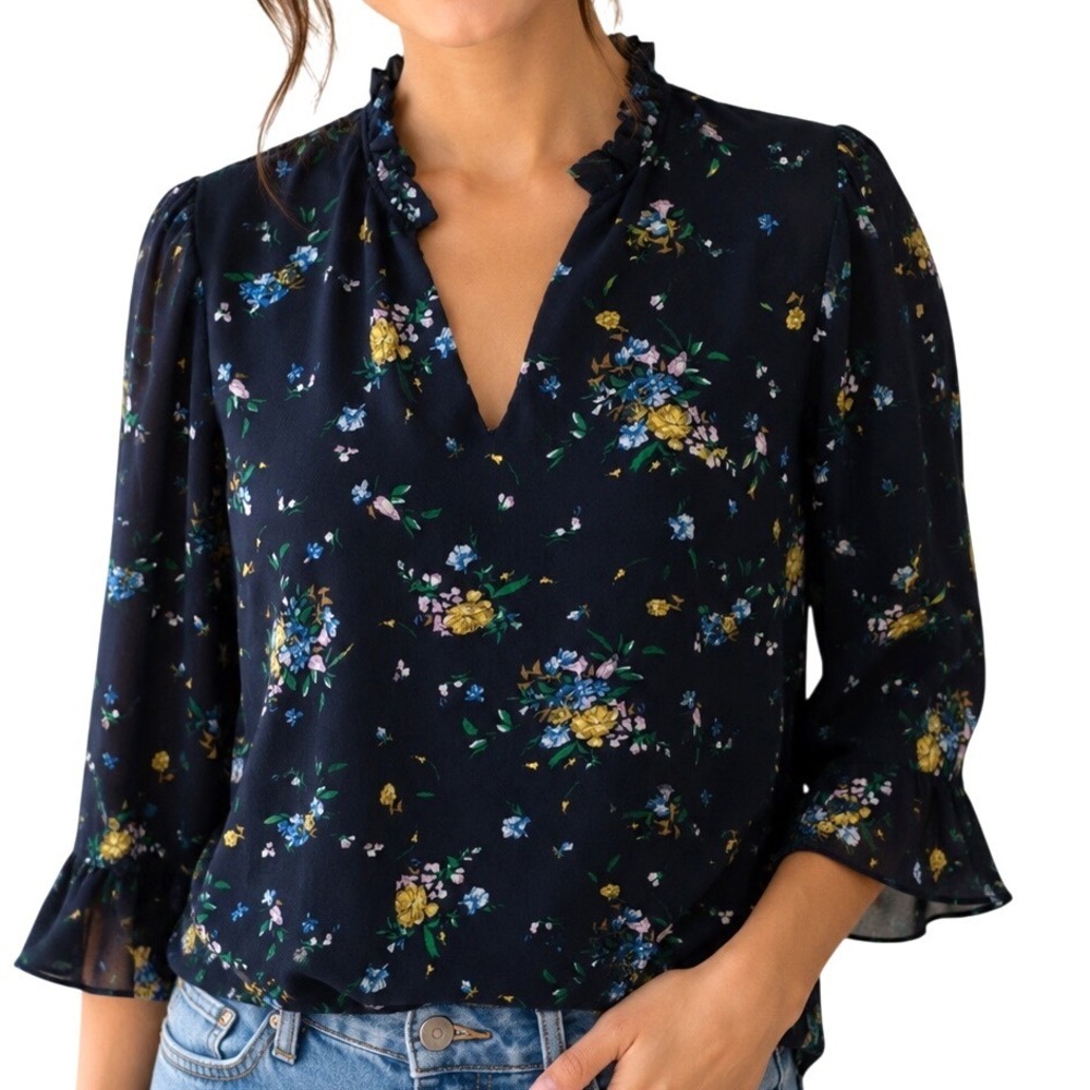 Chelsea & Theodore Womens Navy Floral Ruffle V-Neck Bell Sleeve Blouse Medium